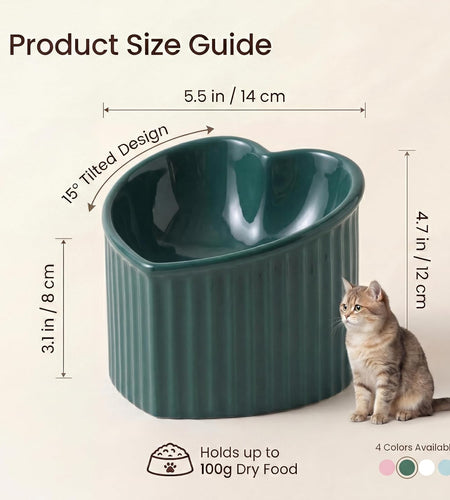 Dark Green Ceramic Raised Cat Bowls, Tilted Elevated Food or Water Bowls, Stress Free, Backflow Prevention, Dishwasher and Microwave Safe, Lead & Cadmium Free