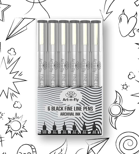 Black Fine Point Pens (Set of 6) | Drawing Fineliner Ink Pens with Japanese Archival Ink | Black Pens with Various Size Tip | No Bleed & Quick-Dry Fine Point Pen for Drawing & Sketching