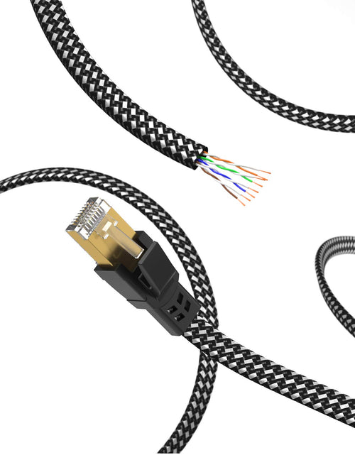 Load image into Gallery viewer, Cat 8 Ethernet Cable 15 Ft, 26AWG Nylon Braided High Speed Heavy Duty Cat8 Network LAN Patch Cord, 40Gbps 2000Mhz SFTP RJ45 Flat Cable Shielded in Wall, Indoor&amp;Outdoor for Modem/Router/Gaming/Pc
