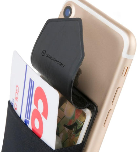 Secure Card Holder for Back of Phone, Stretchy Fabric Cell Phone Wallet Stick on Credit Card Case for Iphone & Android. Sinji Pouch Flap Black